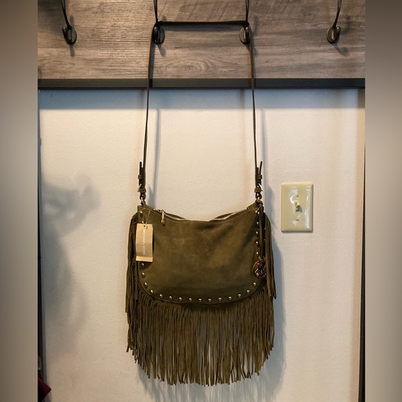 Michael Kors Dakota Olive Green Suede Leather Saddle Bag Long Fringe Gold Studs - Picture 15 of 17